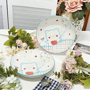 Assiette en céramique de 8 pouces, motif ours ballon de dessin animé mignon et transparent, compatible micro-ondes, sous glaçure, vaisselle de table domestique, créative et fraîche - Product Image 4