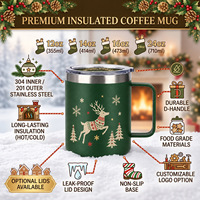Tasses à café personnalisées de la série Noël avec logo, 12oz, 14oz, 16oz, en acier inoxydable 304, avec couvercle transparent et poignée, pour cadeau d'entreprise de Noël