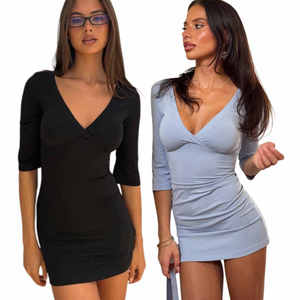 Vestido Mini Bodycon de Mujer con Cuello en V y Manga Media, Diseño Fruncido en el Busto, Sexy y Casual para Fiesta, Colección Verano 2026 - Product Image 1