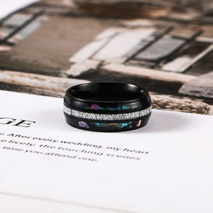 Bague en acier inoxydable pour hommes, incrustation géométrique noire, nacre colorée, bijoux de mariage SA1228 - Product Image 2