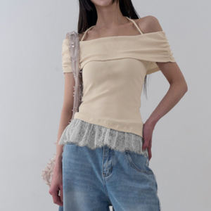 Top estilo americano con cuello halter y hombros descubiertos para mujer, camiseta sexy de verano con encaje y manga corta, corte ajustado - Product Image 3