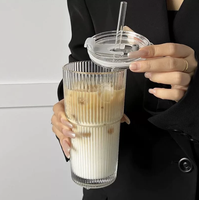 Lot de 2 verres classiques WANFAN personnalisables de 20 oz à large ouverture, côtelés, transparents, avec couvercles en bambou et pailles, pour thé au lait et jus de fruits