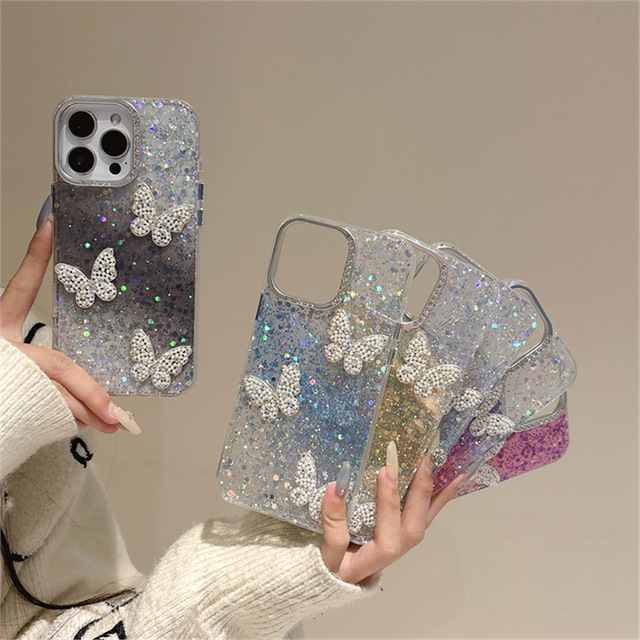 Luxurious Starry Sky Glitter Gradient 3D Diamond-Embossed Crystal Inlay Butterfly Phone Case for iPhone 12 13 14 15 16Pro Max
