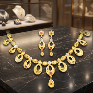 Ensemble de bijoux pour femmes plaqué or, design floral classique, collier, boucles d'oreilles, bague, style mariage - Product Image 3