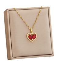 Nouveau collier pendentif en cuivre avec pierre précieuse rouge en zircon, design doux, chaîne à maillons en acier inoxydable, collier ras du cou