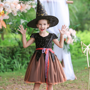 Disfraz de bruja para niñas, vestido de tul, traje de actuación de cosplay para Halloween, color morado y naranja, talla 618 - Product Image 1