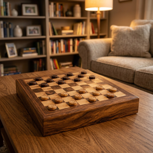 Acacia Wood Rectangle Checkers & <b>Draughts</b> <b>Set</b>-Handcrafted Eco-Friendly Board Game with Mid Century Modern Design - Product Image 2