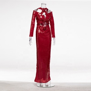 Usine de broderie faite à la main robes de soirée de haute qualité <span class=keywords><strong>dr</strong></span> robes de soirée de haute qualité <span class=keywords><strong>dr</strong></span> LF2036C robe de soirée rouge à paillettes entrecroisées licou robe à manches longues sirène fendue découpe épaule moulante coupe ajustée robe de soirée brillante robe de soirée à la mode robe de soirée tendance de la mode robes de soirée sur mesure - Product Image 4