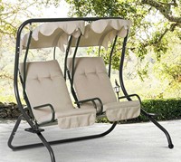 Chaise de balançoire de patio extérieur à 2 places, sièges de porche avec porte-gobelet et auvent amovible