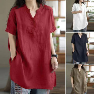 Plus Size Women's Loose V-Neck Short Sleeve Solid Color T-Shirt Navy Blue Polyester Woven Shirt Spring Summer Wear - Product Image 2