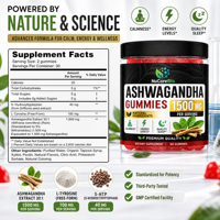 Gummies à l'ashwagandha avec extrait de racine pour le soulagement du stress, l'amélioration de l'humeur, la concentration, l'énergie, le soutien du sommeil chez l'adulte, OEM, marque privée, vente en gros, en vrac
