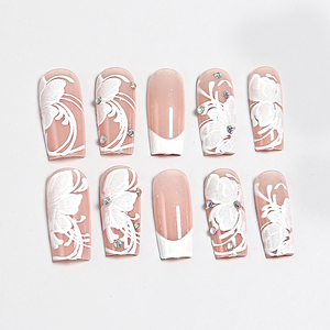 24 <span class=keywords><strong>faux</strong></span> ongles carrés à presser, rose nude, imprimé papillon blanc 3D, strass, réutilisables, en ABS, avec <span class=keywords><strong>colle</strong></span>, pour femmes, nail art de mariée - Product Image 1