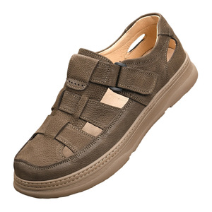 First Layer Cowhide Flat Sandals Open Toe Breathable Rubber Outsole Casual Summer Men's <b>Shoes</b> <b>Hook</b> Loop Closure Genuine Leather - Product Image 4