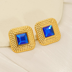 ZOGXIN Square Stud Earrings Gold Tone Blue Black Rhinestone Geometric Design For Women Everyday Wear - Product Image 3