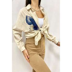 Camisa de lino con lazo para mujer, blusa informal beige con botones para el día a día - Product Image 1