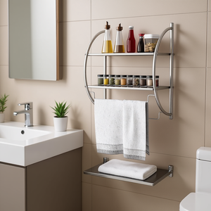 Porte-serviettes mural à 2 niveaux pour salle de bain, 60 cm, en acier inoxydable 304, double barre, finition chromée, design contemporain - Product Image 2