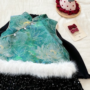 Tongxingyuan Girls Chinese Style Tang Suit Set Thickening Sequin Skirt With Fur Trim Party Wear - Product Image 2