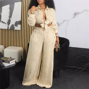 Autunno 2025 donna abbigliamento Casual tinta unita <span class=keywords><strong>camicia</strong></span> a maniche lunghe a vita alta pantaloni larghi moda due pezzi pantaloni Set - Product Image 3