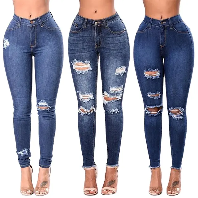 Women Slim Skinny Pencil Pants Elastic Stretch Ripped Blue Denim Jeans