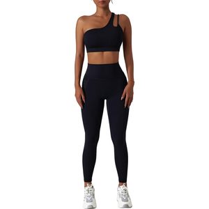 Women <b>Workout</b> Set Single Shoulder Sports Bra <b>Leggings</b> 2 Piece Gym Yoga Active Wear <b>With</b> <b>Pockets</b> Breathable Spandex Polyester - Product Image 1