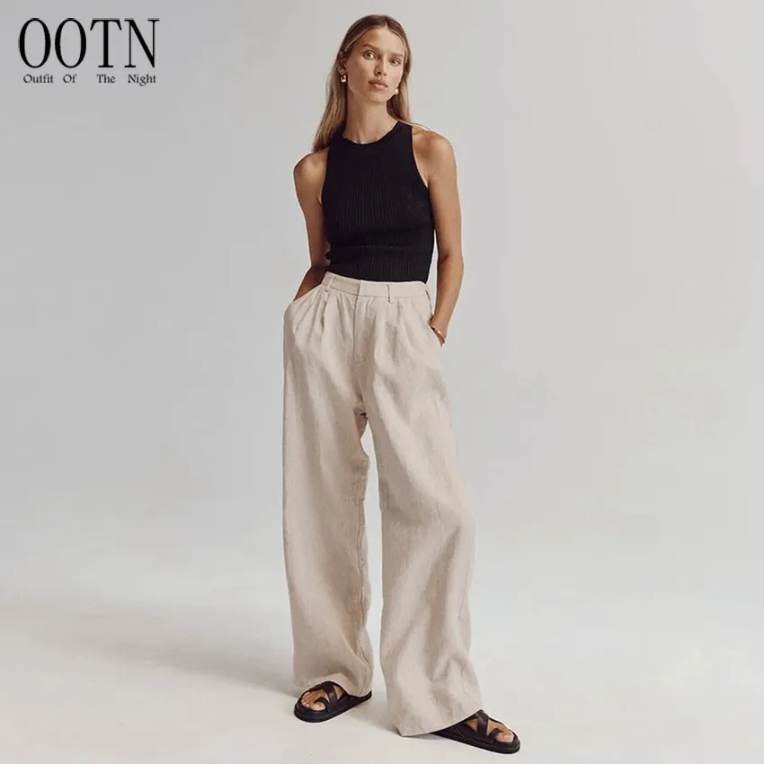 Ootn Office Dames Zomer 2023 Tot Op De Grond Broek Elegante Kaki Hoge Taille Broek Geplooide Katoenen Linnen Broek Met Wijde Pijpen