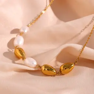 Women Jewelry Stainless Steel Gold Plated Teardrop Water Drop Pendant Beaded Natural Fresh Water Pearl Necklace