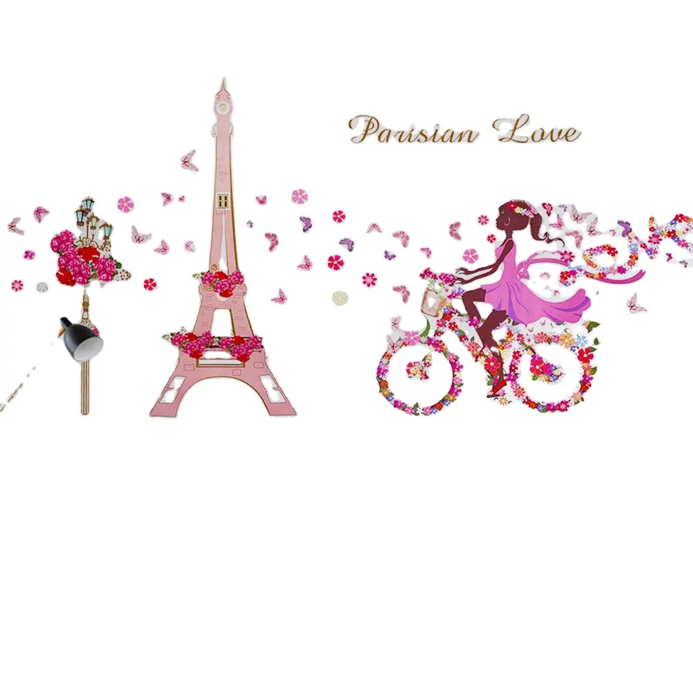 Hot Selling Eiffel Tower In Paris Cyclist Girl Butterfly Flowers Modern Design Romantic Wall Art Stickers