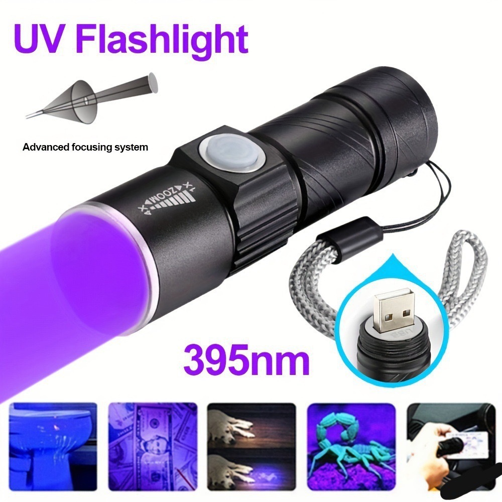 Cross-border Strong Light Flashlight UV LED 395nm USB Charging Telescopic Ultraviolet Cat Moss True Test UV Money Detector