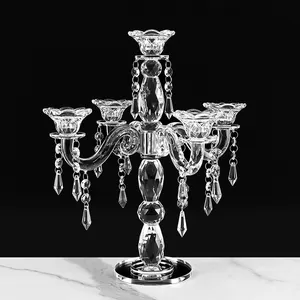 Shining Clear Glass 5 Arms Crystal Candelabra With Chain Parts Crystal Candle Holder Wedding Centerpieces