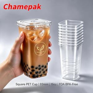 แก้วพลาสติกใสทรงเหลี่ยม PET สำหรับเครื่องดื่ม พร้อมฝาปิด สำหรับชาไข่มุก <span class=keywords><strong>กาแฟ</strong></span>เย็น  รับทำโลโก้ตามสั่ง - Product Image 1