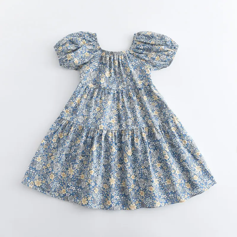 Sweet Girl Bloemenprint Bubble Mouw Vierkante Kraag Back Veters Babyjurk Kinderkleding