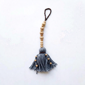 Handmade Wooden Bead <b>Tassel</b> With Gray Yarn Fringe Decorative Keychain - Product Image 1