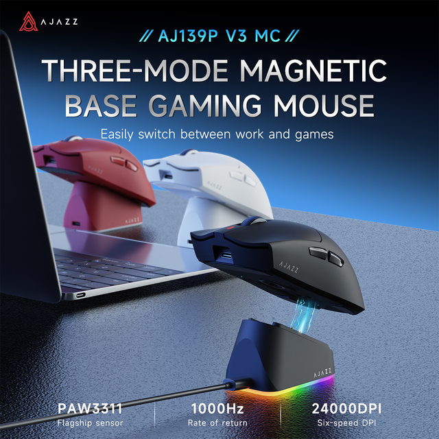 Ajazz AJ139 V3 Wireless Gaming Mouse 66G Lightweight PAW3311 Tri Mode Magnetic Charging Base ODM OEM Custom For Computer Gamer