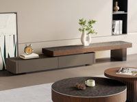 TV-Schrank im Mittelalterlichen Stil mit Mikrokristalliner Arbeitsplatte, Längenverstellbar, Roteichen-Textur, Teleskopischer Fernsehschrank in Walnuss-Optik