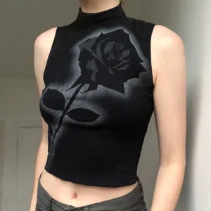 Female Upper Dress Old Vintage Rose Print Sleeveless High Neck Vest Women's Slim-fit All Matching Casual Top Women Tank Tops Sum