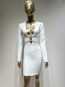 Nuovo arrivo <span class=keywords><strong>da</strong></span> donna a manica lunga bianca nera Sexy con scollo profondo a V Mini abito a fascia formale abito <span class=keywords><strong>da</strong></span> sera abito <span class=keywords><strong>da</strong></span> sera - Product Image 5