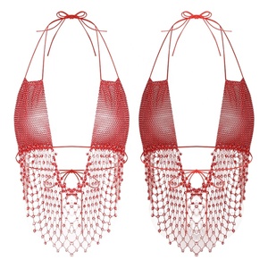 Top Corto Halter con Pedrería para Mujer, con Flecos y Cuentas, Malla, para Baile Latino, Salsa, Festival, Rave, Disfraz de Escenario, Personalizado - Product Image 2