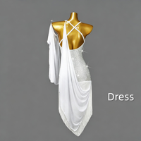 Robe de danse latine pour femme avec strass, bretelles croisées au dos, drapé en mousseline, franges et ourlet irrégulier – Costume de compétition Salsa Tango