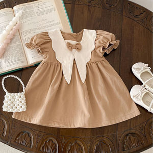 Vestido Vintage para Niña Pequeña, <span class=keywords><strong>Cuello</strong></span> Peter Pan con Lazo, Manga Corta Abullonada, Vestido de Algodón en Línea A, Traje Casual de Princesa para Bebé - Product Image 4