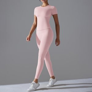 YIYI, conjuntos de 2 piezas de entrenamiento para mujer, trajes de salón, Tops cortos ajustados de manga corta, conjuntos de mallas de cintura alta para levantar glúteos, chándal de Yoga - Product Image 6