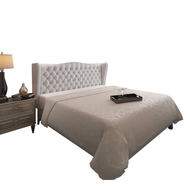 Muebles de dormitorio de estilo nórdico de lujo, tela tapizada de madera maciza, <span class=keywords><strong>camas</strong></span> dobles, cama queen size moderna