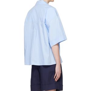 เสื้อเชิ้ตผู้ชายแขนสั้นสีน้ำเงินทรงโอเวอร์ไซส์ผ้าฝ้ายติดกระดุมพร้อมกระเป๋าปะ  รับสกรีนโลโก้ - Product Image 4