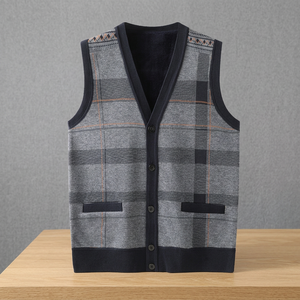 PRIMEAGE INDUSTRIES Autumn New <b>Men's</b> V-neck Warm Front Logo Plaid Standard Wool Needle Detection Single Breasted Knitted <b>Sweater</b> - Product Image 3