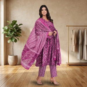 Ensemble Anarkali 3 pièces violet à imprimé numérique pour femme, haut long à col en V, pantalon et dupatta, tenue ethnique en tissu rayonne viscose - Product Image 1
