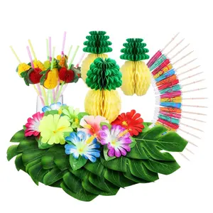 Tropical Hawaiian Jungle Party Luau Party Supplies Tropical Palm Leaves Silk Hibiscus Flowers Paper Pineapples Cocktail Umbrella