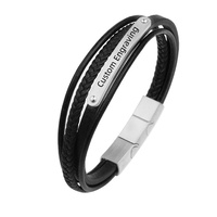 Bracelet en cuir tressé à fermoir magnétique, multi-couches, sangle plate noire pour homme, boucle en acier inoxydable, vente en gros d'usine