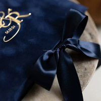 Caja de Invitación de Boda de Terciopelo Azul Marino con Cinta de Satén, Monograma en Lámina Dorada, Empaque Personalizado de Lujo, Juego de Cartón Rígido