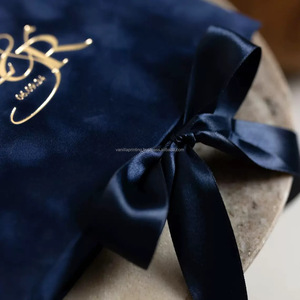 navy blue velvet wedding invitation box with satin ribbon gold foil monogram custom packaging box luxury wedding <b>set</b> - Product Image 4