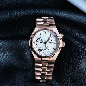Montre chronographe style 47450, indicateur jour/nuit, double fuseau horaire, boîtier en or rose, cadran noir, montre de sport de luxe avec bracelet intégré - Product Image 5