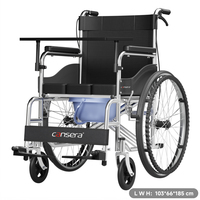 Fauteuil roulant pliable avec pneus pleins de 24 pouces et coussin de siège en tissu Oxford, cadre en acier au carbone et frein à main, avec table et plateau de lit pour usage professionnel
